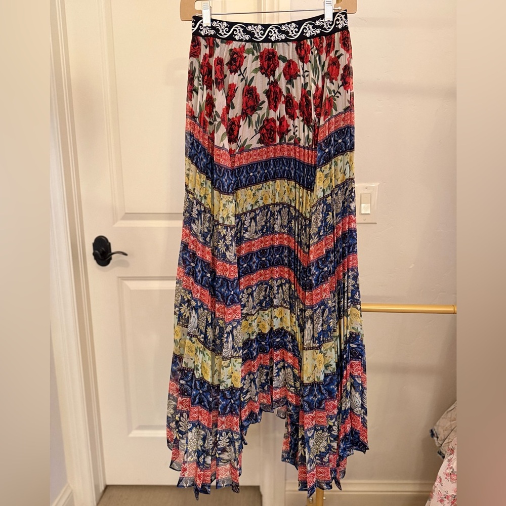 Alice + Olivia Red and Blue Pleated A-Line Maxi Skirt